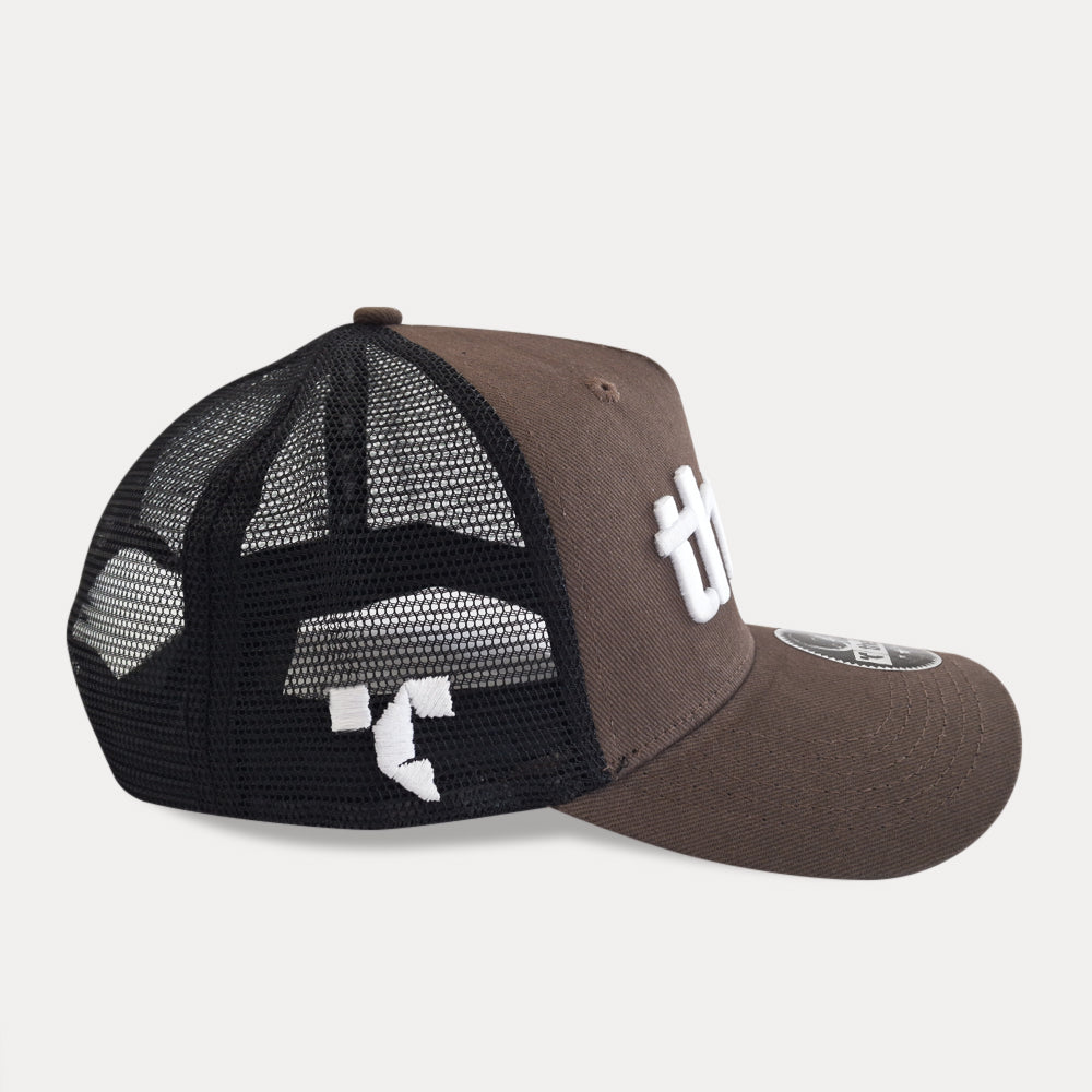 Wordmark trucker cap side view